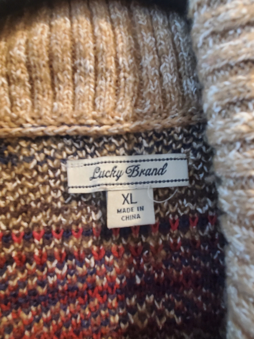 Lucky Brand Tan Shawl Collar Cardigan with Red & Blue Geometric Pattern - Picture 4 of 4